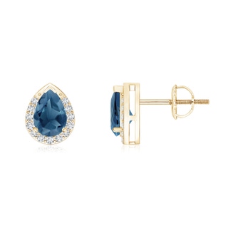 6x4mm A Pear-Shaped London Blue Topaz Stud Earrings with Diamonds in Yellow Gold