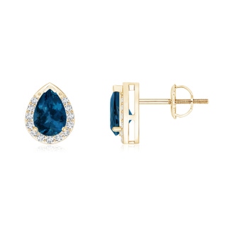 6x4mm AAA Pear-Shaped London Blue Topaz Stud Earrings with Diamonds in Yellow Gold