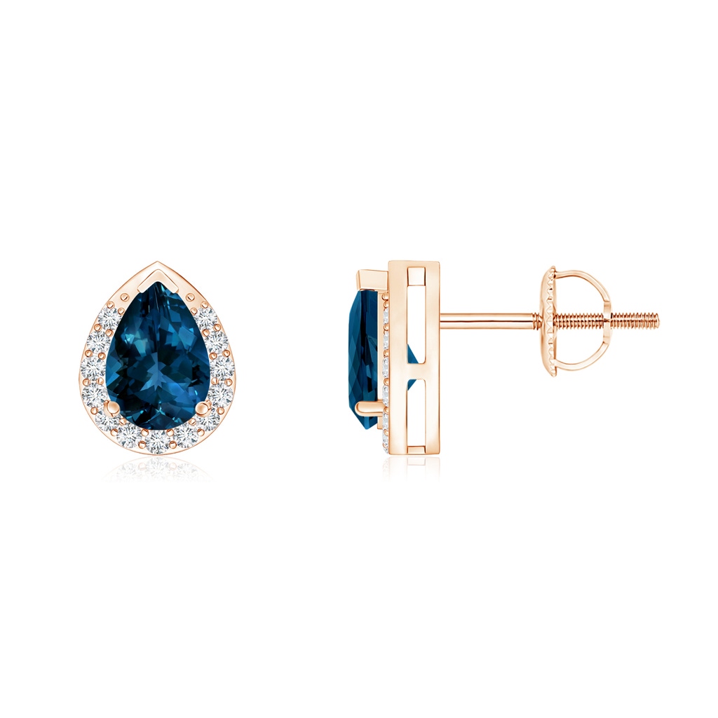 6x4mm AAAA Pear-Shaped London Blue Topaz Stud Earrings with Diamonds in Rose Gold
