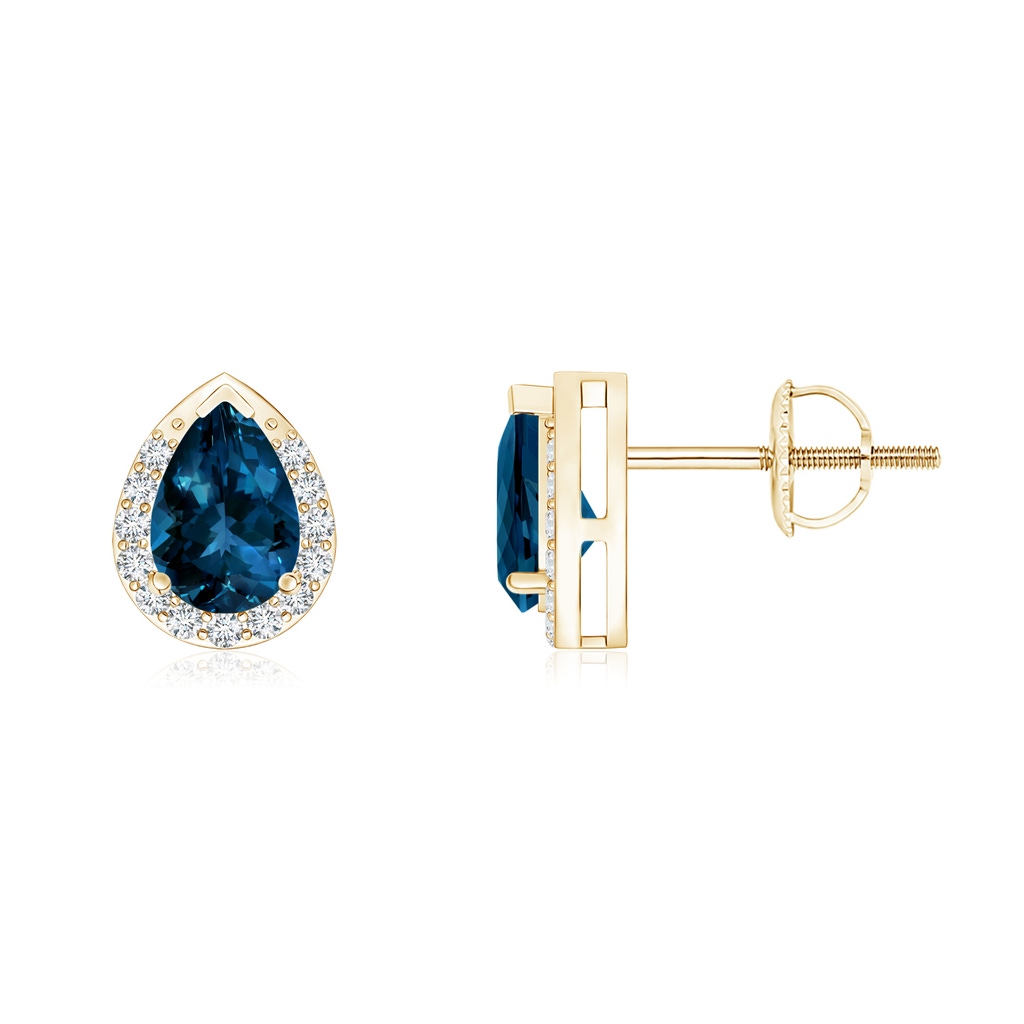 6x4mm AAAA Pear-Shaped London Blue Topaz Stud Earrings with Diamonds in Yellow Gold