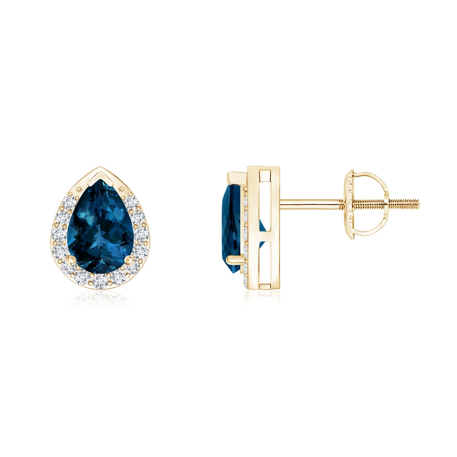 6x4mm AAAA Pear-Shaped London Blue Topaz Stud Earrings with Diamonds in Yellow Gold 