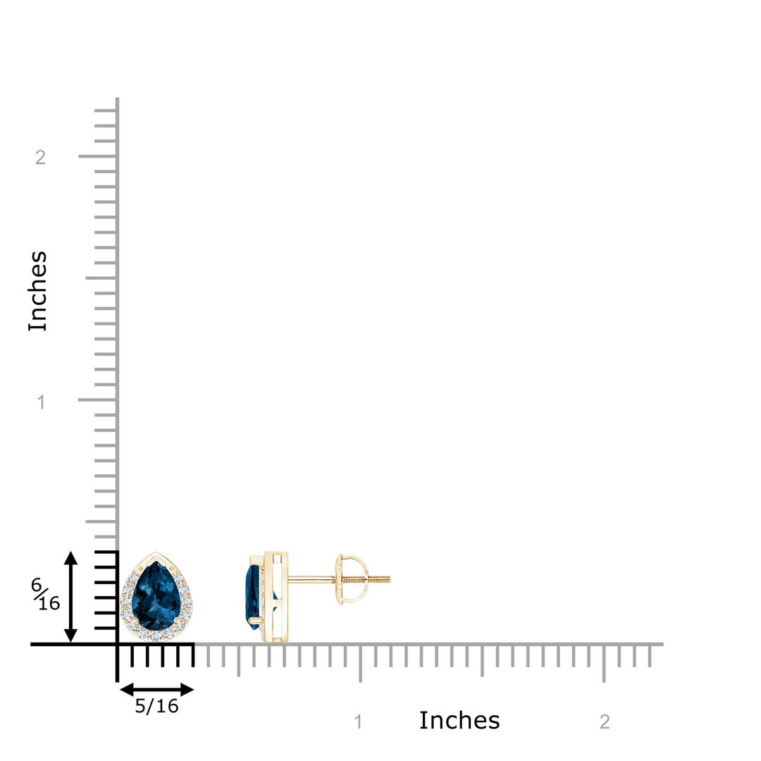 6x4mm AAAA Pear-Shaped London Blue Topaz Stud Earrings with Diamonds in Yellow Gold - ruler