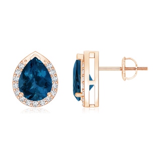 8x6mm AAA Pear-Shaped London Blue Topaz Stud Earrings with Diamonds in Rose Gold