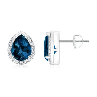 8x6mm AAAA Pear-Shaped London Blue Topaz Stud Earrings with Diamonds in P950 Platinum