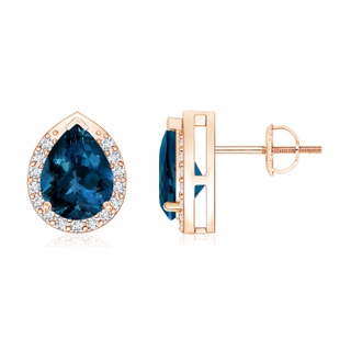 8x6mm AAAA Pear-Shaped London Blue Topaz Stud Earrings with Diamonds in Rose Gold