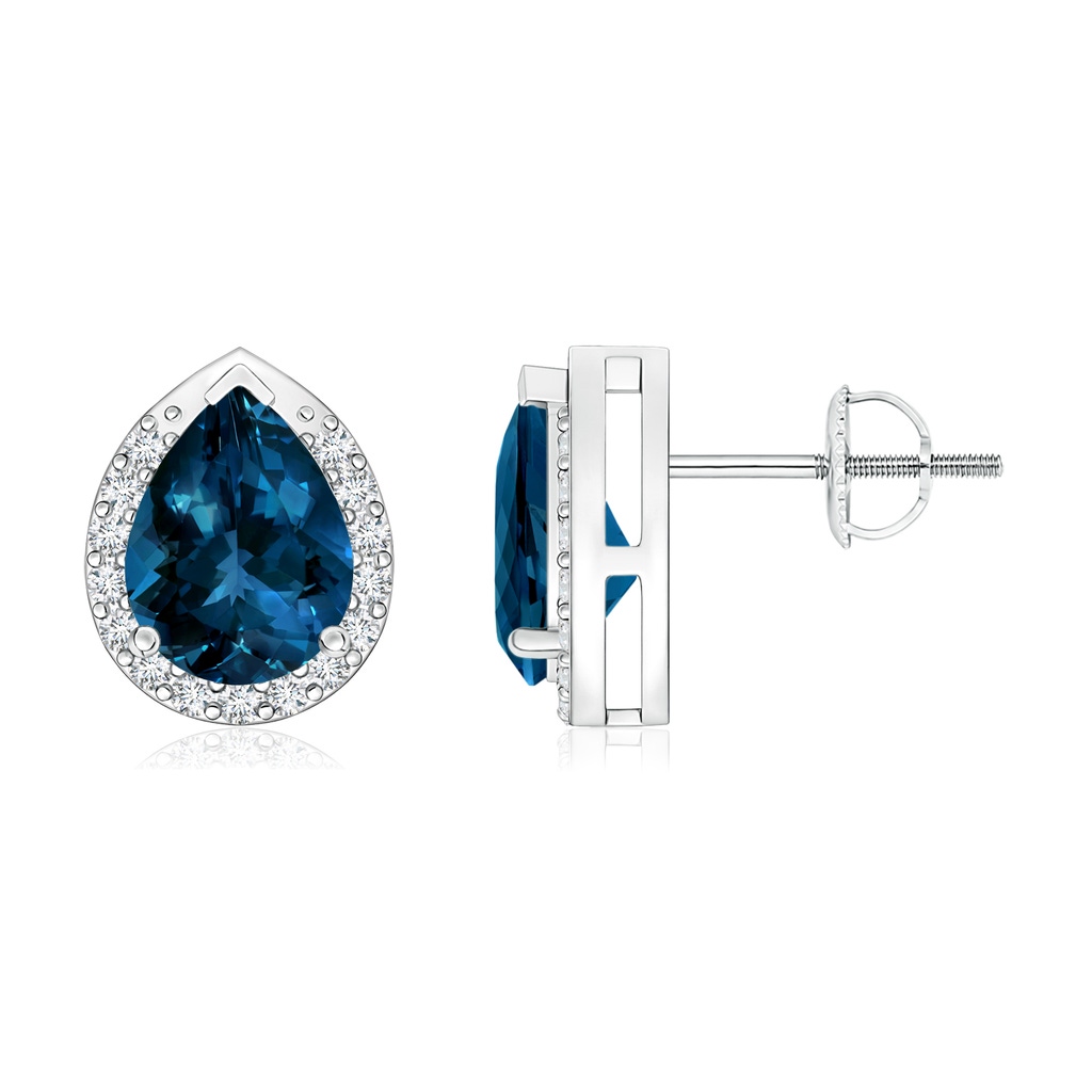 8x6mm AAAA Pear-Shaped London Blue Topaz Stud Earrings with Diamonds in White Gold