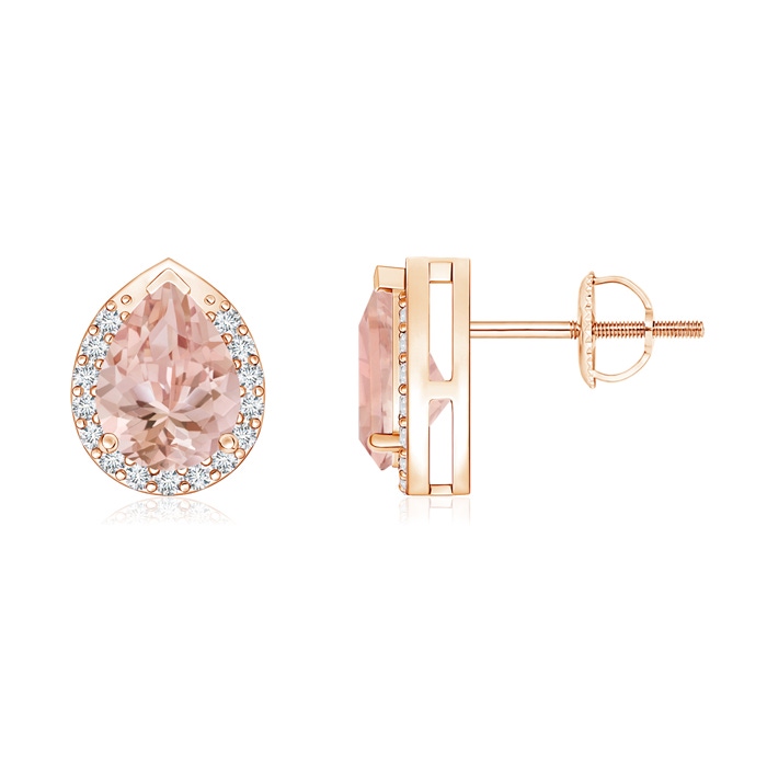 7x5mm AAAA Pear-Shaped Morganite Stud Earrings with Diamond Halo in 9K Rose Gold 