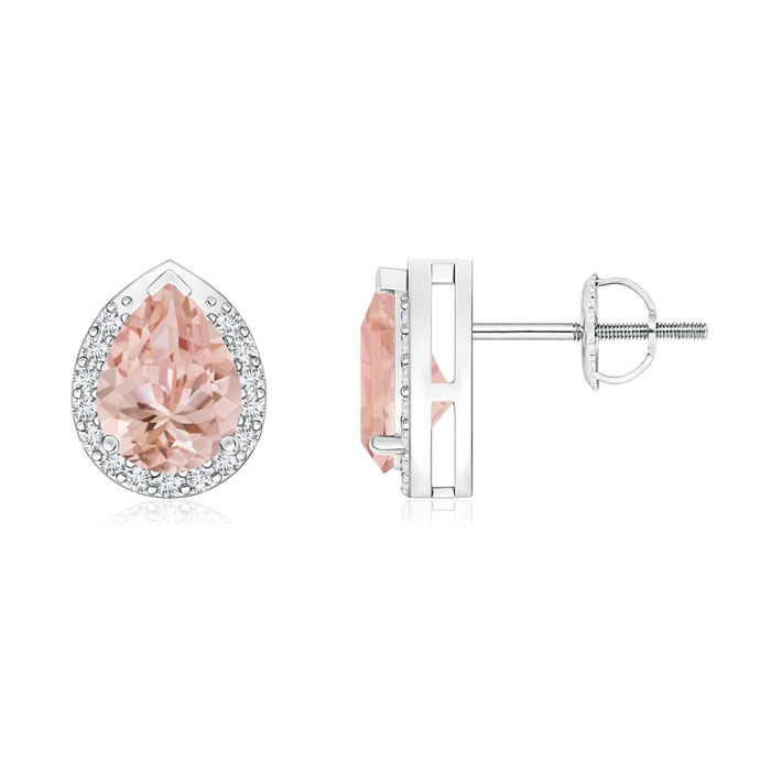 7x5mm AAAA Pear-Shaped Morganite Stud Earrings with Diamond Halo in White Gold