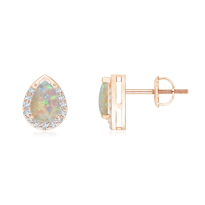 6x4mm AAAA Pear-Shaped Opal Stud Earrings with Diamond Halo in Rose Gold