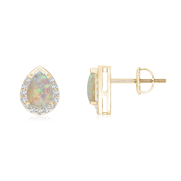 6x4mm AAAA Pear-Shaped Opal Stud Earrings with Diamond Halo in Yellow Gold 