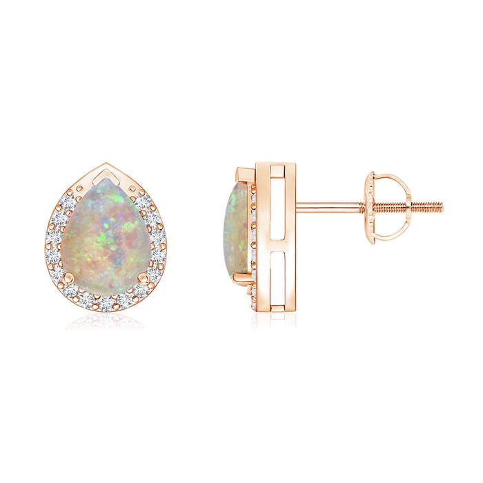 7x5mm AAAA Pear-Shaped Opal Stud Earrings with Diamond Halo in Rose Gold