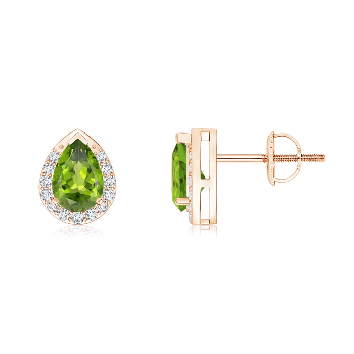 6x4mm AAA Pear-Shaped Peridot Stud Earrings with Diamond Halo in Rose Gold 