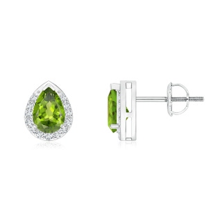 6x4mm AAA Pear-Shaped Peridot Stud Earrings with Diamond Halo in White Gold
