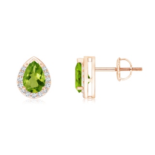 6x4mm AAAA Pear-Shaped Peridot Stud Earrings with Diamond Halo in 10K Rose Gold