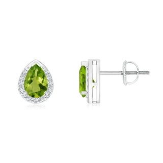 6x4mm AAAA Pear-Shaped Peridot Stud Earrings with Diamond Halo in P950 Platinum