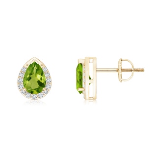 6x4mm AAAA Pear-Shaped Peridot Stud Earrings with Diamond Halo in Yellow Gold