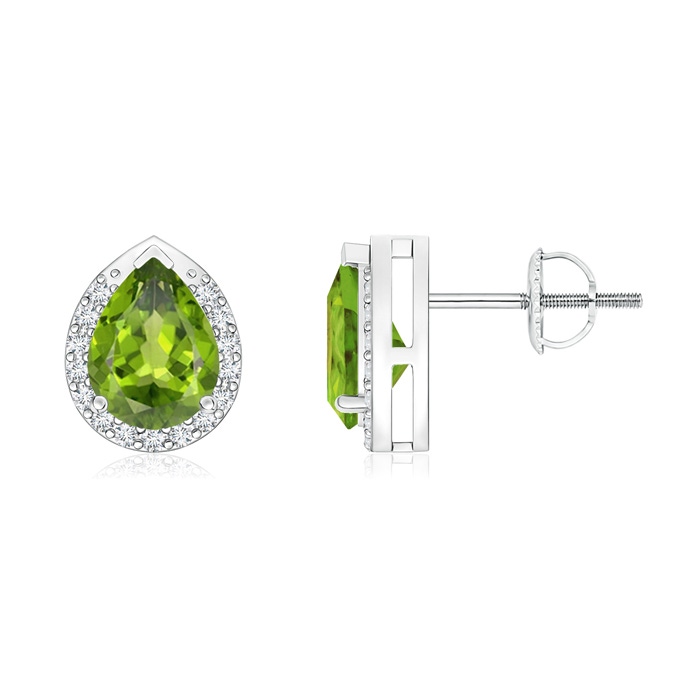 7x5mm AAA Pear-Shaped Peridot Stud Earrings with Diamond Halo in White Gold