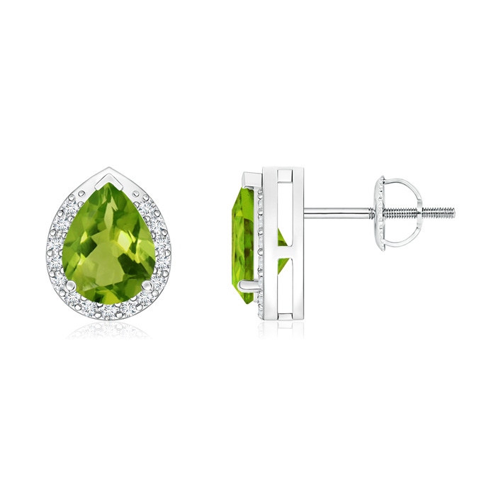 7x5mm AAAA Pear-Shaped Peridot Stud Earrings with Diamond Halo in White Gold 