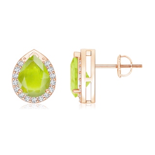 8x6mm A Pear-Shaped Peridot Stud Earrings with Diamond Halo in Rose Gold