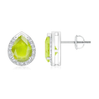 8x6mm A Pear-Shaped Peridot Stud Earrings with Diamond Halo in White Gold