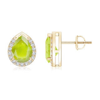 8x6mm A Pear-Shaped Peridot Stud Earrings with Diamond Halo in Yellow Gold