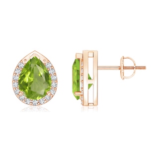 8x6mm AA Pear-Shaped Peridot Stud Earrings with Diamond Halo in 9K Rose Gold