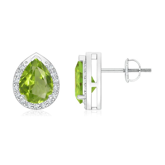8x6mm AA Pear-Shaped Peridot Stud Earrings with Diamond Halo in P950 Platinum
