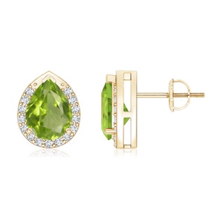 8x6mm AA Pear-Shaped Peridot Stud Earrings with Diamond Halo in Yellow Gold