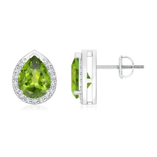 8x6mm AAA Pear-Shaped Peridot Stud Earrings with Diamond Halo in P950 Platinum