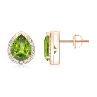 8x6mm AAA Pear-Shaped Peridot Stud Earrings with Diamond Halo in Rose Gold