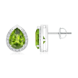 8x6mm AAA Pear-Shaped Peridot Stud Earrings with Diamond Halo in White Gold