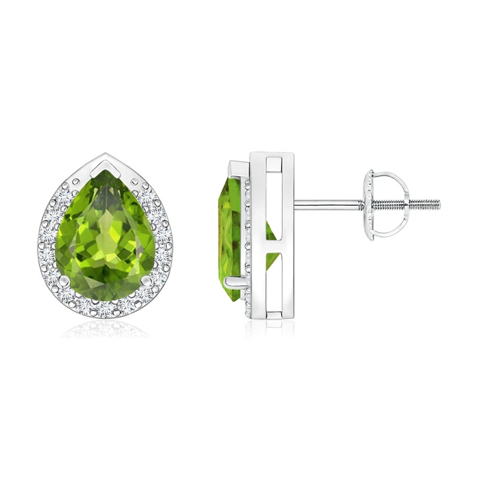 8x6mm AAA Pear-Shaped Peridot Stud Earrings with Diamond Halo in White Gold 