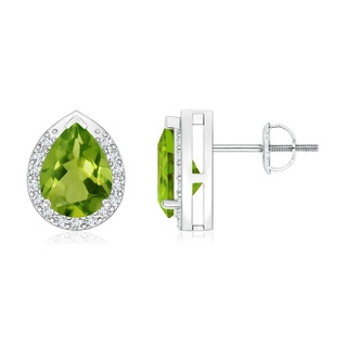 8x6mm AAAA Pear-Shaped Peridot Stud Earrings with Diamond Halo in P950 Platinum