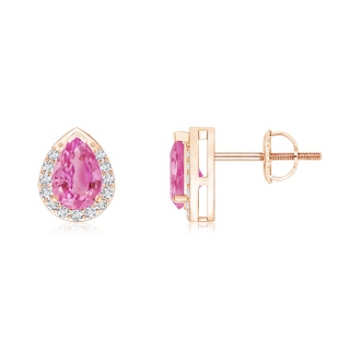 6x4mm AA Pear-Shaped Pink Sapphire Stud Earrings with Diamond Halo in Rose Gold