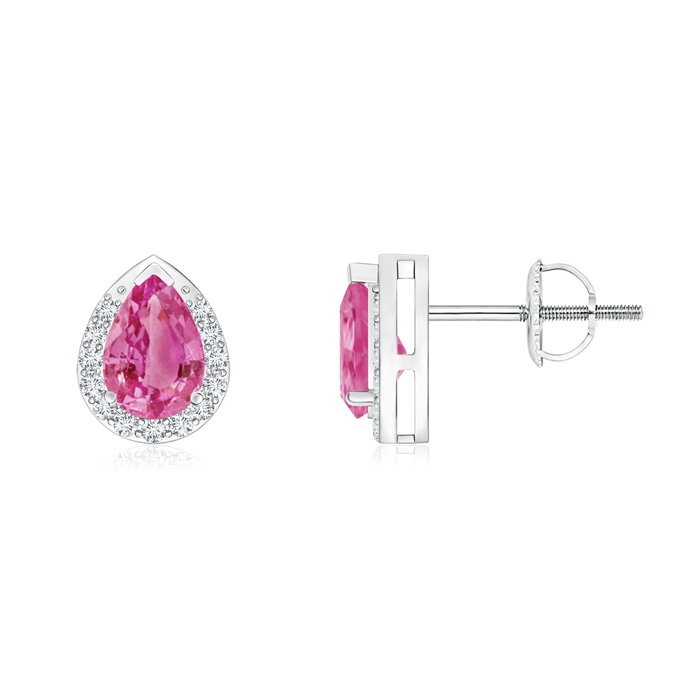 6x4mm AAA Pear-Shaped Pink Sapphire Stud Earrings with Diamond Halo in White Gold