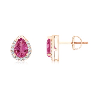 6x4mm AAAA Pear-Shaped Pink Sapphire Stud Earrings with Diamond Halo in Rose Gold