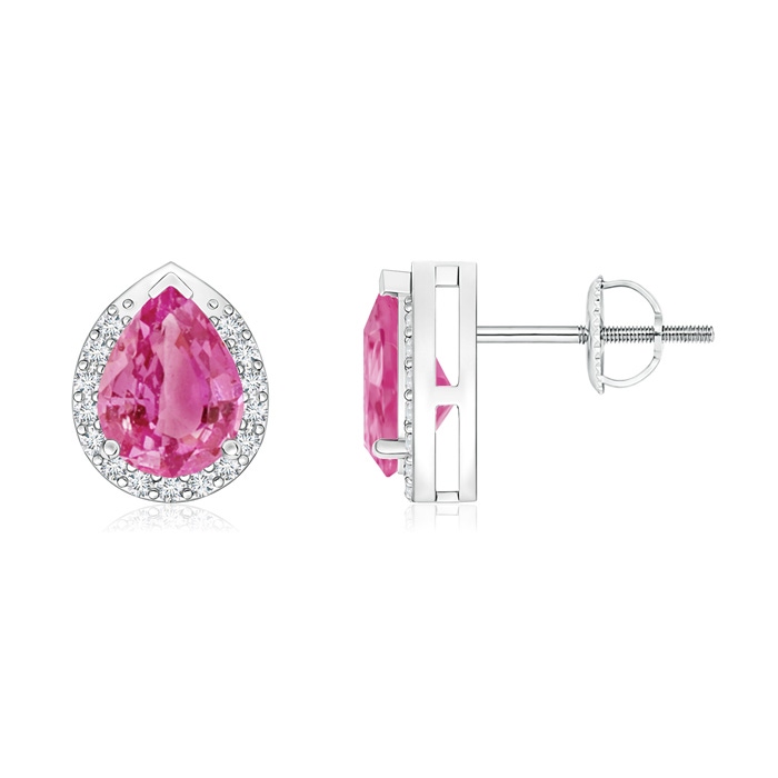 7x5mm AAA Pear-Shaped Pink Sapphire Stud Earrings with Diamond Halo in White Gold 