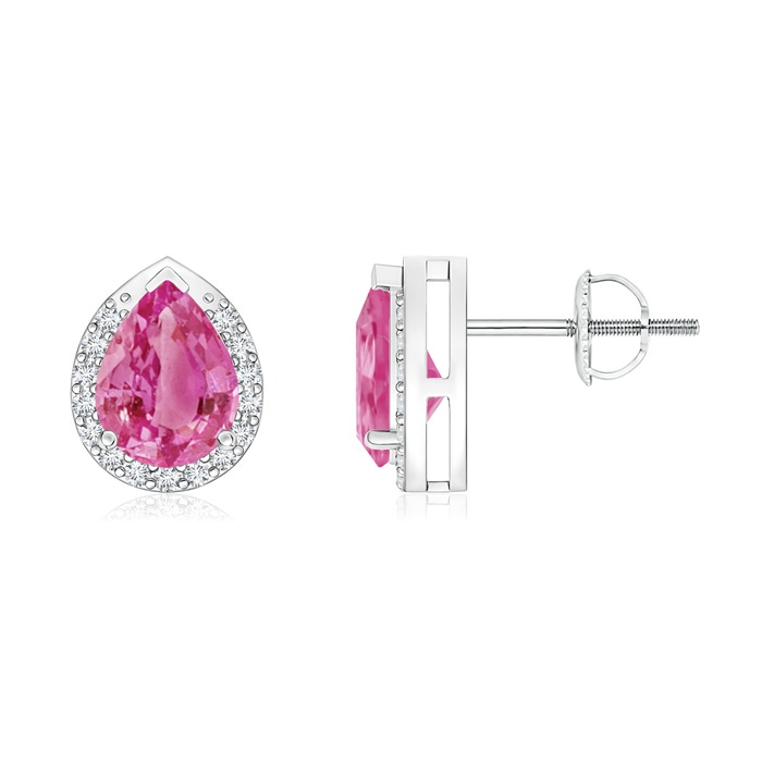 7x5mm AAA Pear-Shaped Pink Sapphire Stud Earrings with Diamond Halo in White Gold