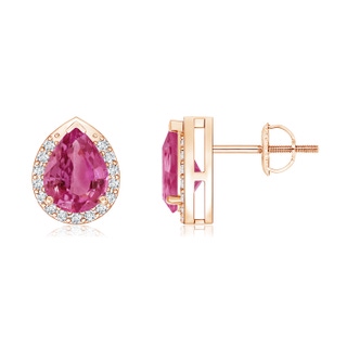 7x5mm AAAA Pear-Shaped Pink Sapphire Stud Earrings with Diamond Halo in Rose Gold