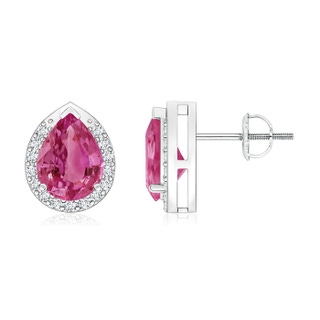 8x6mm AAAA Pear-Shaped Pink Sapphire Stud Earrings with Diamond Halo in P950 Platinum