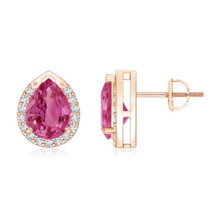 8x6mm AAAA Pear-Shaped Pink Sapphire Stud Earrings with Diamond Halo in Rose Gold