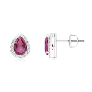 6x4mm AAAA Pear-Shaped Pink Tourmaline Stud Earrings with Diamond Halo in White Gold