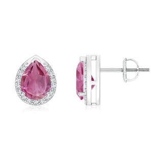7x5mm AAA Pear-Shaped Pink Tourmaline Stud Earrings with Diamond Halo in White Gold