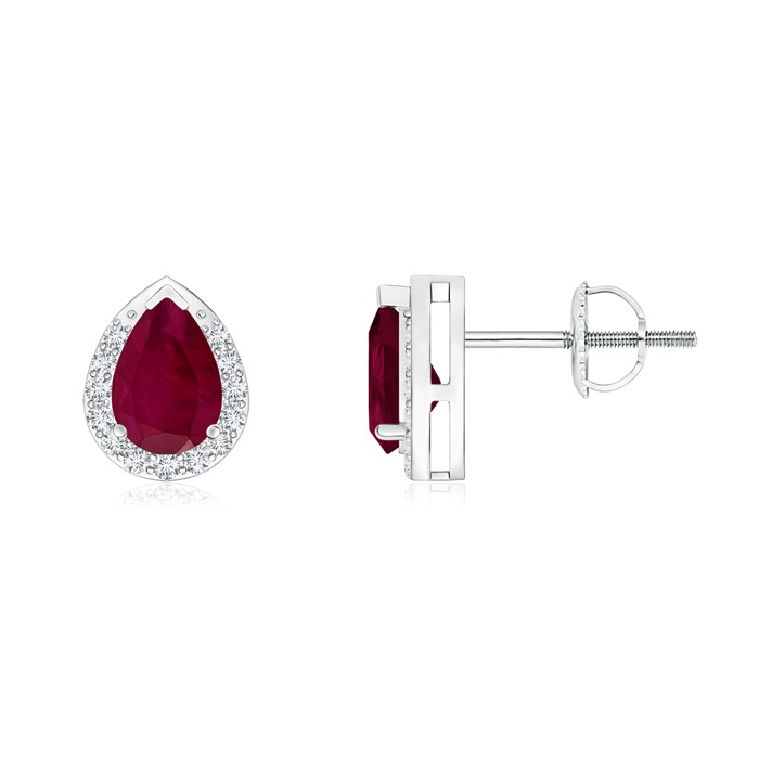 6x4mm A Pear-Shaped Ruby Stud Earrings with Diamond Halo in White Gold 