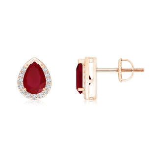 6x4mm AA Pear-Shaped Ruby Stud Earrings with Diamond Halo in Rose Gold