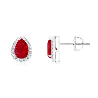 6x4mm AAA Pear-Shaped Ruby Stud Earrings with Diamond Halo in White Gold