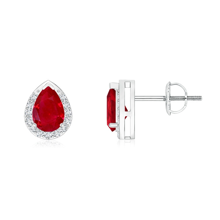 6x4mm AAA Pear-Shaped Ruby Stud Earrings with Diamond Halo in White Gold 