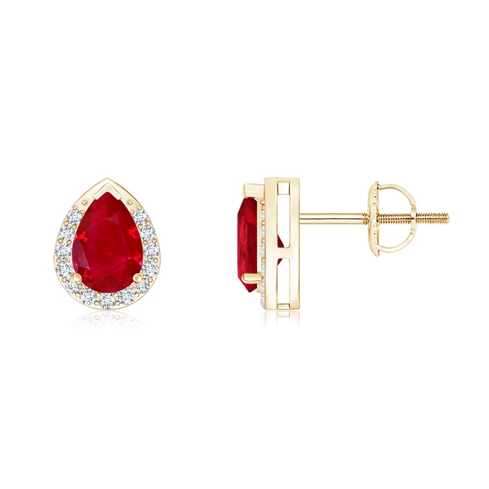 6x4mm AAA Pear-Shaped Ruby Stud Earrings with Diamond Halo in Yellow Gold