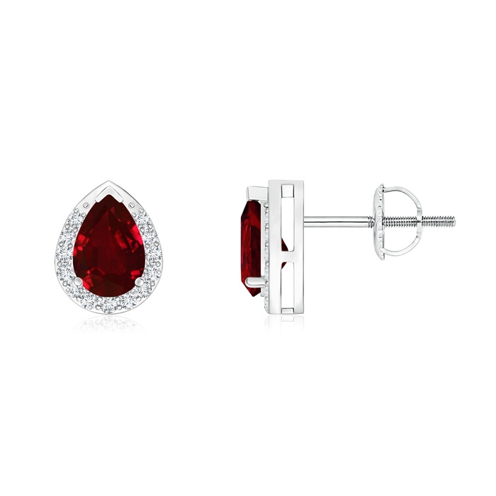 6x4mm AAAA Pear-Shaped Ruby Stud Earrings with Diamond Halo in White Gold 