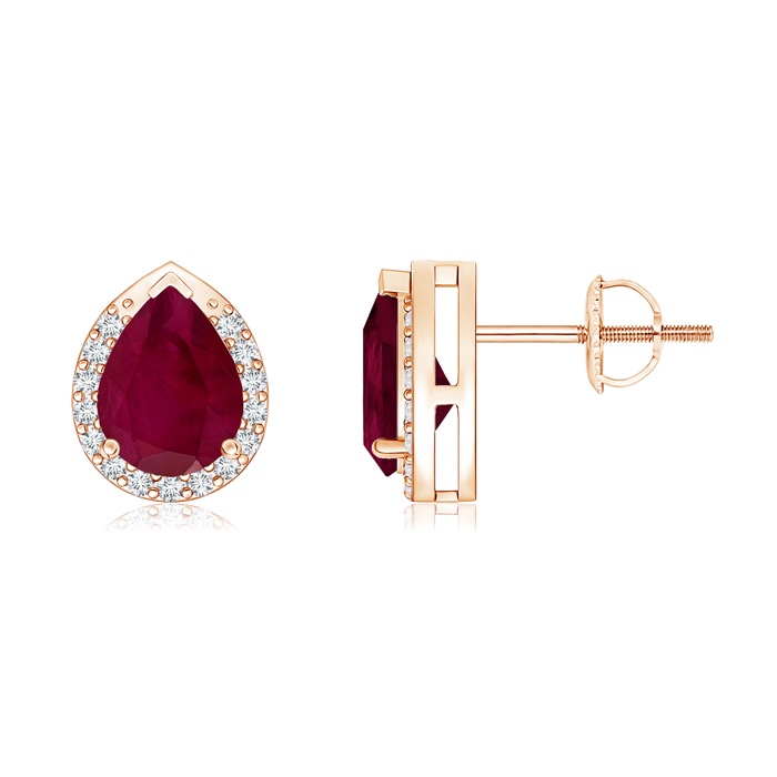 7x5mm A Pear-Shaped Ruby Stud Earrings with Diamond Halo in Rose Gold 